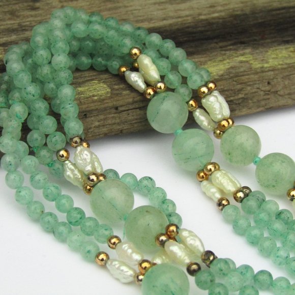 Green Aventurine Beaded Necklace with Pearls 30" - Picture 1 of 5
